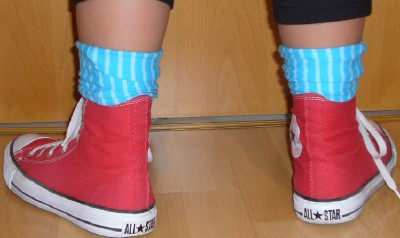 * selbstgenhte Socken in Campantrkisgeringelt *