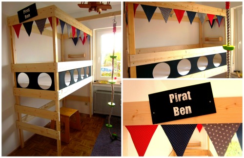 Selbst gebautes Piratenbett mit genhter Wimpelkette